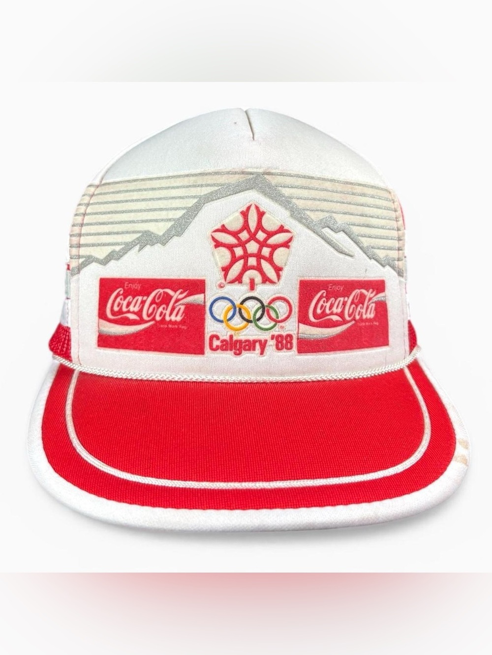 Vintage 1988 Calgary Winter Olympics Coca Cola Three Stripe TruckerSnapback Hat - Picture 1 of 7